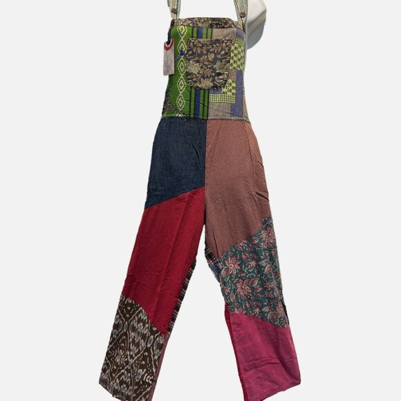 Nwt SACRED THREADS funky patch hippie cotton OVERALLS ROMPER JUMPSUIT JUMPER XL - Picture 1 of 5